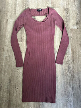 HERA Collection Mauve Ribbed Bodycon Midi Dress Long Sleeve Cutout Back Size S